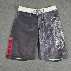 Affliction Mens MMA Shorts Black Grey Samurai Y2K Board Shorts Size 34 Skull